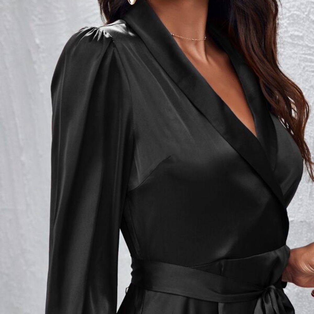 V neck Hunter Green satin long sleeve ruffle dress Party - Picture 5 of 8